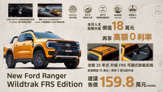 台灣運動皮卡銷售冠軍New Ford Ranger 25年式全新上市 Wildtrak FRS Edition強勢登場　本月入主享18萬元配備升級與高額0利率
