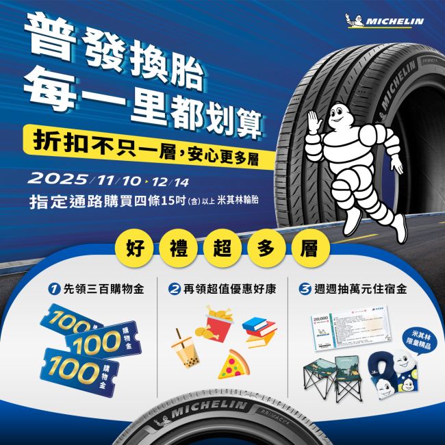 普發一萬 放大聰明消費 讓行車安全無價 米其林推出加碼活動 安心更多層 讓每一里更划