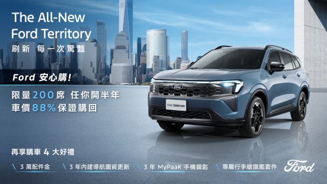 Ford Territory 推安心入主專案 88%價值承諾限量200席 入主週週抽Dyson造型機 完成社群任務再抽Oster果汁機