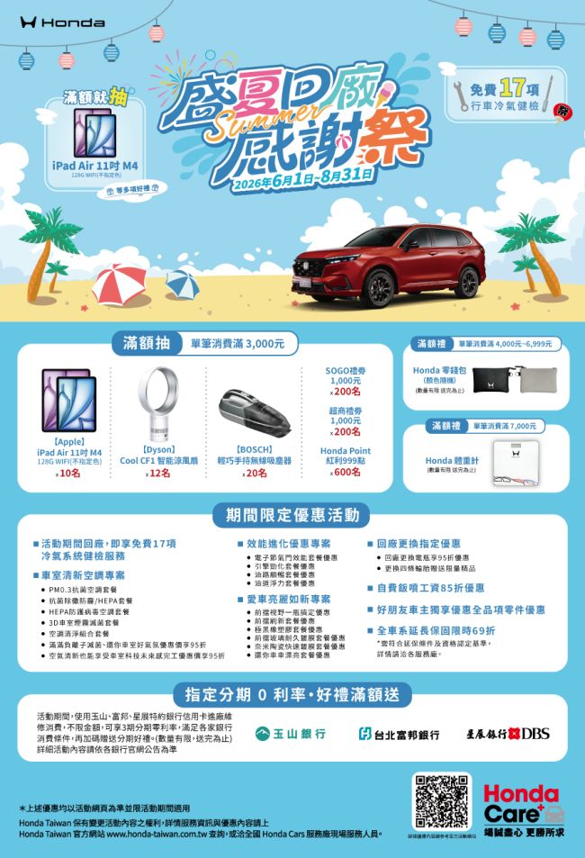 Honda Care+「盛夏回廠感謝祭」活動開跑 回廠消費滿額抽 iPad Air 等多項好禮 免費17項行車冷氣健檢、延長保固限時69折 多項夏季優惠同步登場