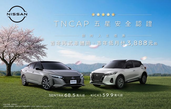 NISSAN「安全獻禮」 限時入主KICKS及SENTRA即享多重安心守護 贈首年丙式車體險與首年低月付3,888優惠 輕鬆擁有五星安全車款