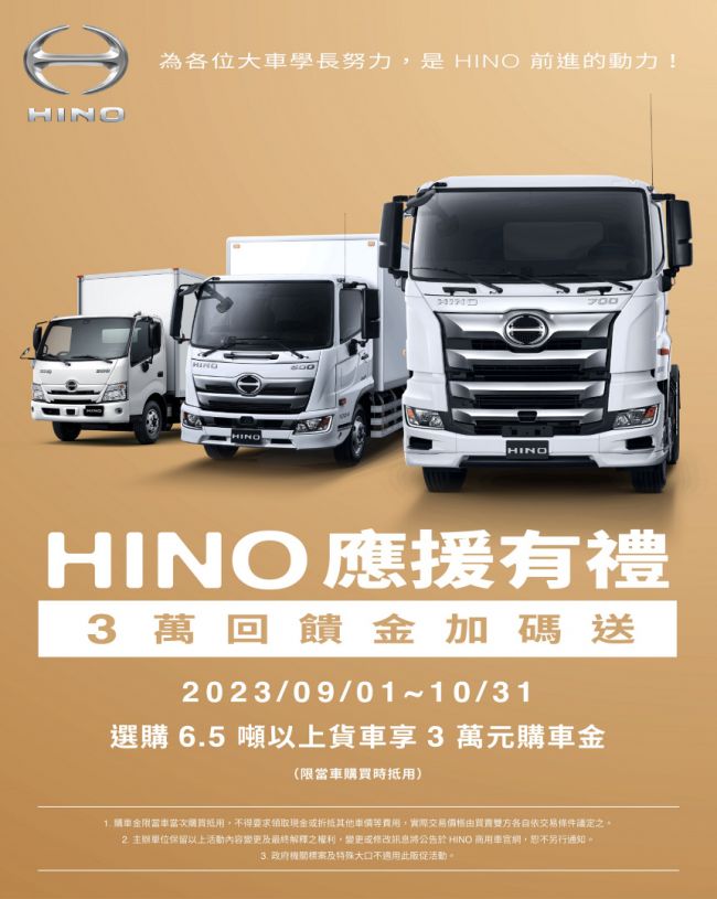 「HINO應援有禮，3萬回饋金加碼送」 選購6.5噸以上貨車立享購車金!